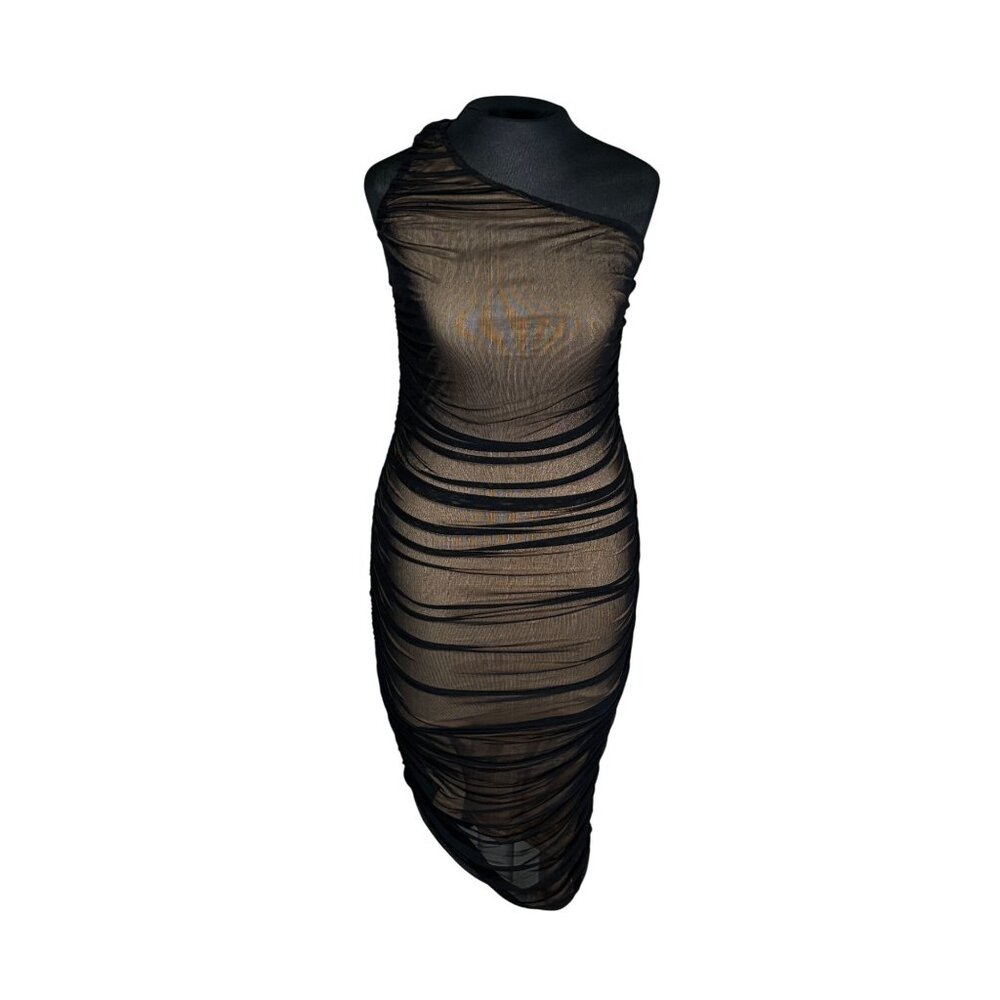 Black Mesh Ruched One-Shoulder Midi Dress By Lulus Size L